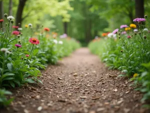 Natural Mulch Walkway - Close-up of a bark mulch path bordered by woodland wildflowers and native shrubs, creating a soft, natural walking surface