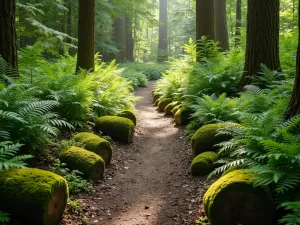 Native Fern Glade - A serene woodland garden path lined with lush native ferns, wood anemones, and moss-covered logs in dappled sunlight, creating a natural forest floor aesthetic