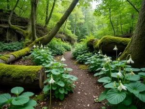 Native Woodland Collection - Wide-angle view of a woodland garden featuring native American woodland plants, including trillium, jack-in-the-pulpit, and wild ginger among moss-covered logs