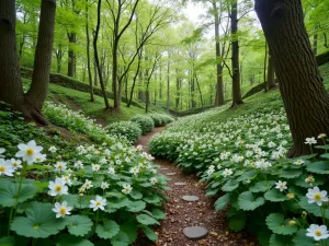 Native Woodland Hillside - Wide-angle view of a naturalistic hillside garden featuring native woodland plants, including trillium, wood anemones, and dogwood trees in a harmonious ecosystem