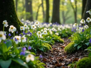 Native Woodland Wildflower Display - Close-up view of a naturalistic woodland garden with trilliums, wild geraniums, and Virginia bluebells creating a colorful carpet under dappled shade