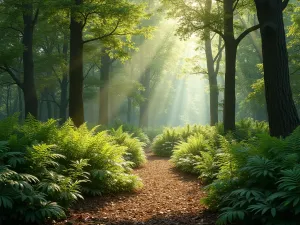 Natural Woodland Setting - A serene woodland garden setting with dappled sunlight filtering through tall tree canopies, featuring natural mulch paths winding through ferns and hostas, photorealistic