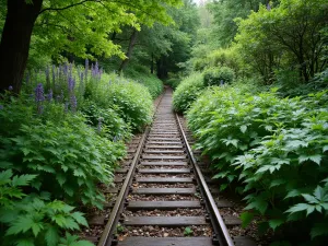 Natural Woodland Steps - Wide angle view of railway sleeper steps winding through a small woodland garden, edges softened with native ferns, wild violets, and creeping jenny