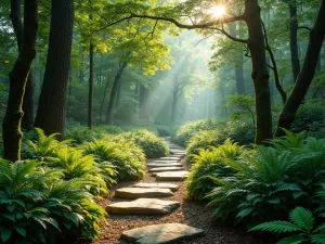 Rustic Stone Path Through Native Ferns - A winding natural stone pathway through dense ferns and woodland plants, dappled sunlight filtering through tall trees overhead, creating a magical forest atmosphere