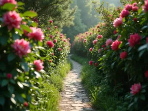 Secret Garden Path - Close-up of a narrow, winding path through tall rhodendrons and camellias, creating a sense of discovery