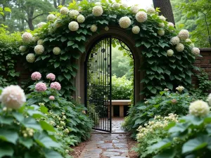 Secret Woodland Corner - A hidden nook in a small woodland garden with a vintage iron gate covered in climbing hydrangea, leading to a secret seating area surrounded by Solomon's seal and foam flowers