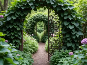 Secret Woodland Garden - Close-up of a hidden garden nook with vintage metal gate covered in climbing hydrangea, leading to a secret garden space filled with hellebores and wood ferns