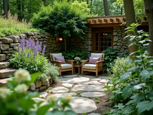 Secret Woodland Nook - Close-up of a hidden seating area nestled into a hillside, surrounded by woodland flowers and shade-loving plants, with a natural stone retaining wall