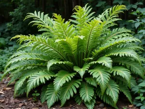 Shaded Foliage Garden - Dramatic arrangement of different textured foliage including painted ferns, heuchera, and variegated hostas in a woodland setting