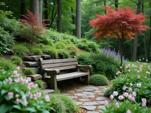 Shaded Woodland Retreat - A peaceful seating area carved into a hillside woodland garden, featuring a rustic wooden bench surrounded by blooming astilbe, bleeding hearts, and Japanese maples