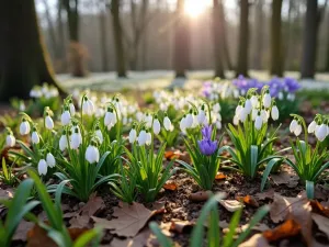 Spring Woodland Bulbs - Wide shot of early spring woodland floor covered in naturalized bulbs including snowdrops, winter aconite, and wood anemones