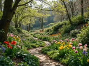 Spring Woodland Dell - A sunken woodland garden area on a hillside, filled with spring bulbs, hellebores, and flowering shrubs, creating a colorful woodland valley