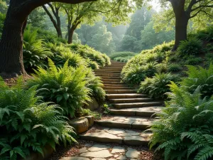 Terraced Woodland Garden Path - A winding natural stone stairway cutting through a lush hillside woodland garden, with ferns and hostas cascading down terraced levels, dappled sunlight filtering through tall oak trees above