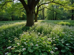 Understory Shade Garden - Aerial view of a woodland understory garden featuring patches of bleeding hearts, foam flowers, and wood sorrel under mature oak trees