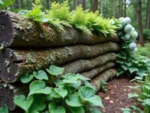 Vertical Woodland Garden - Close-up of a vertical log wall planted with ferns, lichens, and climbing hydrangea, maximizing space in a small woodland garden