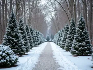 Winter Woodland Walk - Snow-covered gravel path through bare winter trees, with evergreen holly and boxwood providing structure