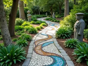 Woodland Art Trail - Creative path with embedded mosaic designs, winding through shade-tolerant ground covers and artistic garden sculptures