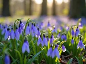 Woodland Bulb Display - Close-up of naturalized spring bulbs including bluebells, snowdrops, and wood anemones creating a carpet under deciduous trees