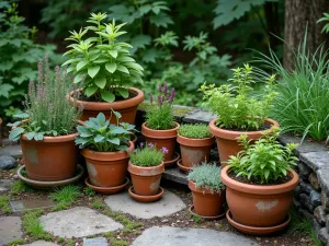 Woodland Container Garden - Aerial view of weathered terracotta pots arranged on a small woodland patio, filled with shade-loving plants including astilbe, bleeding hearts, and Japanese forest grass