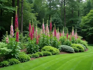 Woodland Edge Border - Wide angle view of a transitional border between lawn and woodland, featuring graduated heights of foxgloves, wood spurge, and Japanese painted ferns