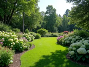 Woodland Edge Garden - Wide-angle view of a transitional garden space where woodland meets lawn, featuring graduated heights of plants from tall oakleaf hydrangeas to lower woodland phlox