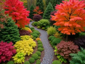 Woodland Fall Color - Aerial view of a woodland garden showcasing brilliant fall colors with Japanese maples, witch hazel, and autumn ferns creating a tapestry of orange and red