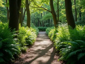 Fern Glade Path - A shaded woodland garden path lined with lush ferns and hostas, dappled sunlight filtering through tall maple trees overhead, creating natural shadows on a mulched pathway