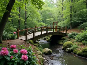 Woodland Garden Bridge - An arching wooden bridge spanning a natural depression in a hillside woodland garden, surrounded by rhododendrons and mountain laurels