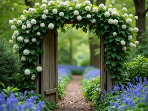 Woodland Garden Entry - Close-up of a rustic wooden archway covered in climbing hydrangea, leading into a shaded woodland garden with bluebells carpeting the ground