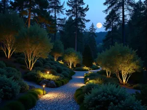 Woodland Garden Lighting - Evening scene of a hillside woodland garden with strategic pathway lighting, illuminated features, and moonlight filtering through tree canopy