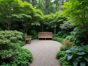 Woodland Garden Room - Aerial view of a secluded woodland garden room with a gravel sitting area surrounded by dogwoods, rhododendrons, and shade perennials