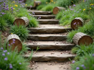 Woodland Garden Steps - Close-up of rustic timber steps set into a woodland hillside, edges softened by creeping thyme and sweet woodruff, with decorative logs as natural borders