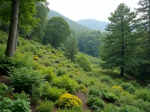 Woodland Garden Vista - Wide panoramic view of a hillside woodland garden showing multiple layers of plantings, from ground covers to understory shrubs to canopy trees