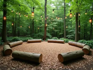 Woodland Gathering Space - Natural clearing with log seating arranged in a circle, surrounded by witch hazel and serviceberry trees. Wood chip ground cover and hanging lanterns