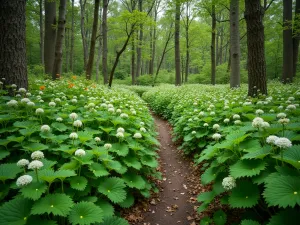 Woodland Ground Cover - Wide-angle view of a woodland floor completely covered in mixed ground covers including sweet woodruff, wild strawberry, and creeping Jenny