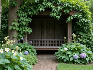 Hidden Woodland Seating - A rustic wooden bench nestled in a shaded nook, surrounded by hellebores, wild ginger, and wood anemones, with climbing hydrangea on nearby trees