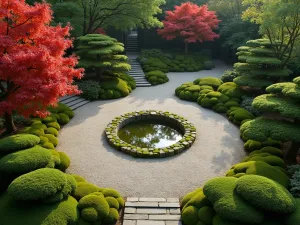 Woodland Meditation Path - Aerial view of a circular path design with a central meditation space, surrounded by Japanese maples and moss gardens