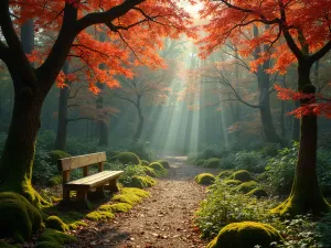 Woodland Meditation Space - A peaceful woodland clearing with a simple wooden bench surrounded by Japanese maple trees and moss gardens, filtered sunlight creating natural spotlights