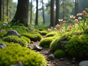 Moss Garden Retreat - Close-up of a tranquil moss garden with varying shades of green, featuring moss-covered rocks and small woodland flowers, beneath tall pine trees