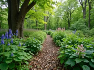 Native Shade Garden - Natural woodland garden featuring native plants including mayapple, jack-in-the-pulpit, and woodland phlox under mature maple trees