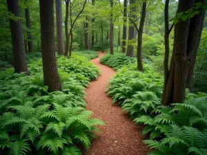 Woodland Path Design - Aerial view of a winding woodland path made of bark mulch, bordered by painted ferns and Solomon's seal, leading through mature trees