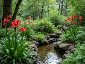 Woodland Rain Garden - Natural depression in woodland garden designed to collect rainwater, planted with moisture-loving cardinal flowers, iris, and ostrich ferns