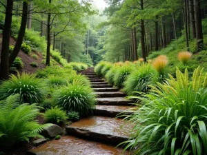 Woodland Ravine Garden - Natural-looking stepped planting in a woodland ravine with ostrich ferns, ligularia, and golden hakone grass cascading down slopes