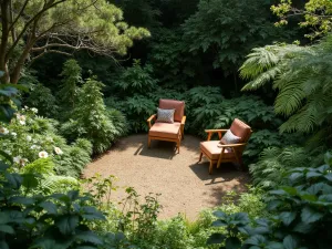 Woodland Reading Nook - Aerial view of a small circular clearing with a comfortable reading chair, surrounded by hellebores, wood anemones, and native ferns under dappled shade