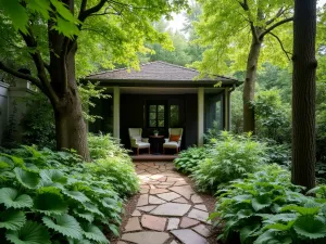 Woodland Reading Retreat - Intimate path leading to a small reading nook, surrounded by shade-loving hostas and Japanese painted ferns