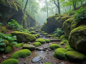 Woodland Rock Garden - Natural-looking woodland rock garden with moss-covered boulders and small native ferns tucked into crevices, morning mist adding atmosphere