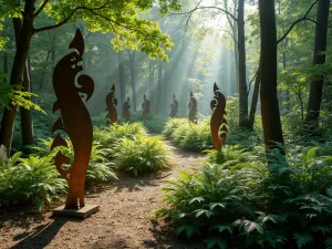 Woodland Sculpture Garden - Natural woodland setting with contemporary metal sculptures placed among ghost ferns and Solomon's seal, creating dramatic shadows in filtered light