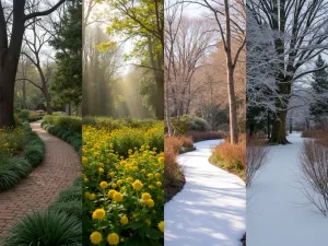 Woodland Seasons - Four-split image showing the same woodland garden view across all seasons, highlighting seasonal interest from spring ephemerals to winter structure