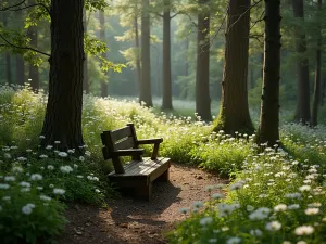 Woodland Seating Nook - Rustic wooden bench nestled among towering trees, surrounded by blooming hellebores and wood anemones, creating an intimate forest retreat