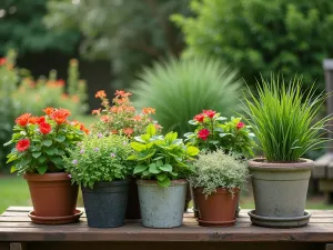 Shade Container Garden - Collection of vintage containers filled with shade-loving plants including coleus, begonias, and Japanese forest grass arranged on a wooden platform